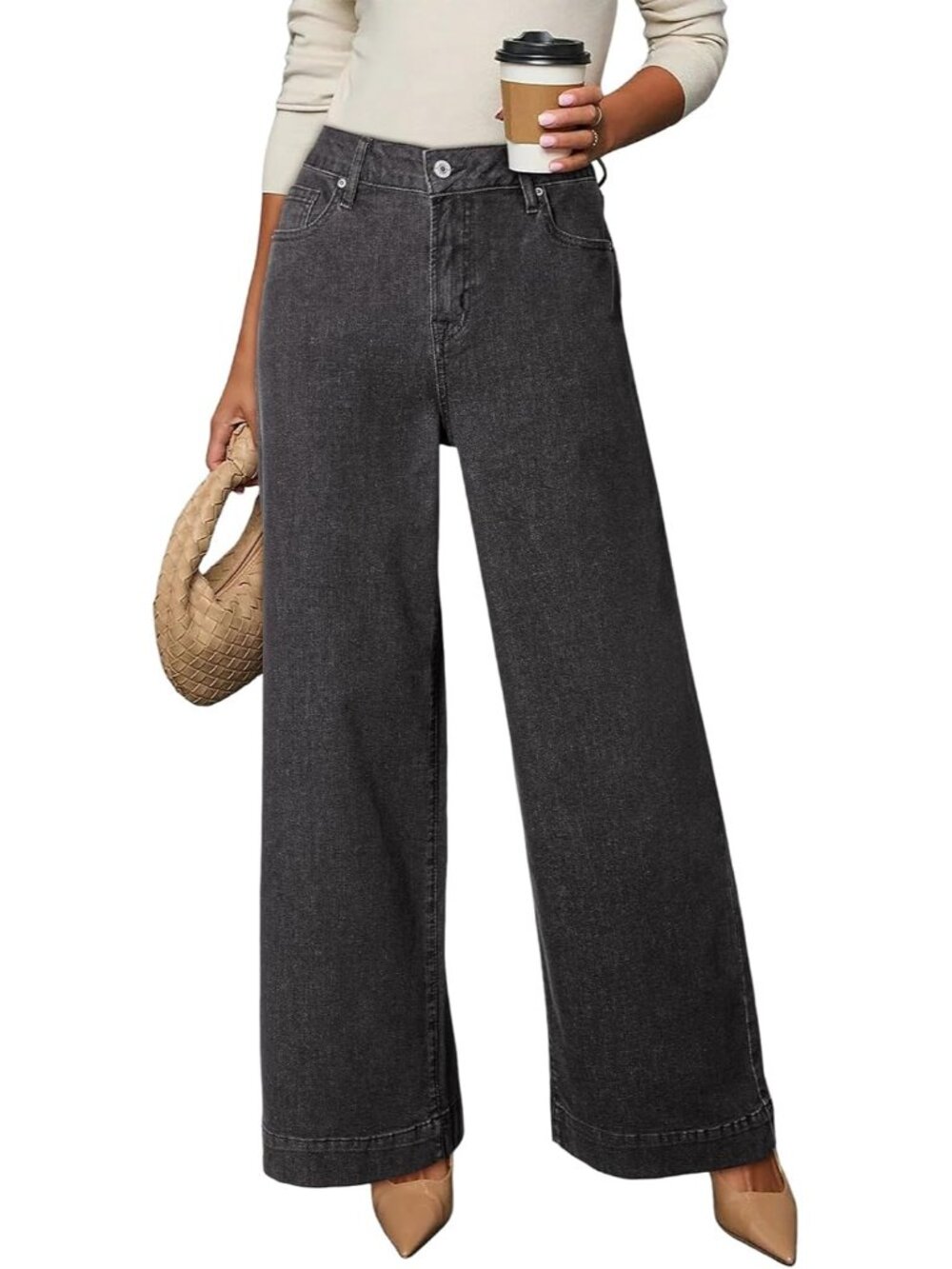 Women's Gray High Waisted Jeans Stretch Wide Leg Loose Denim Baggy Jeans Pant